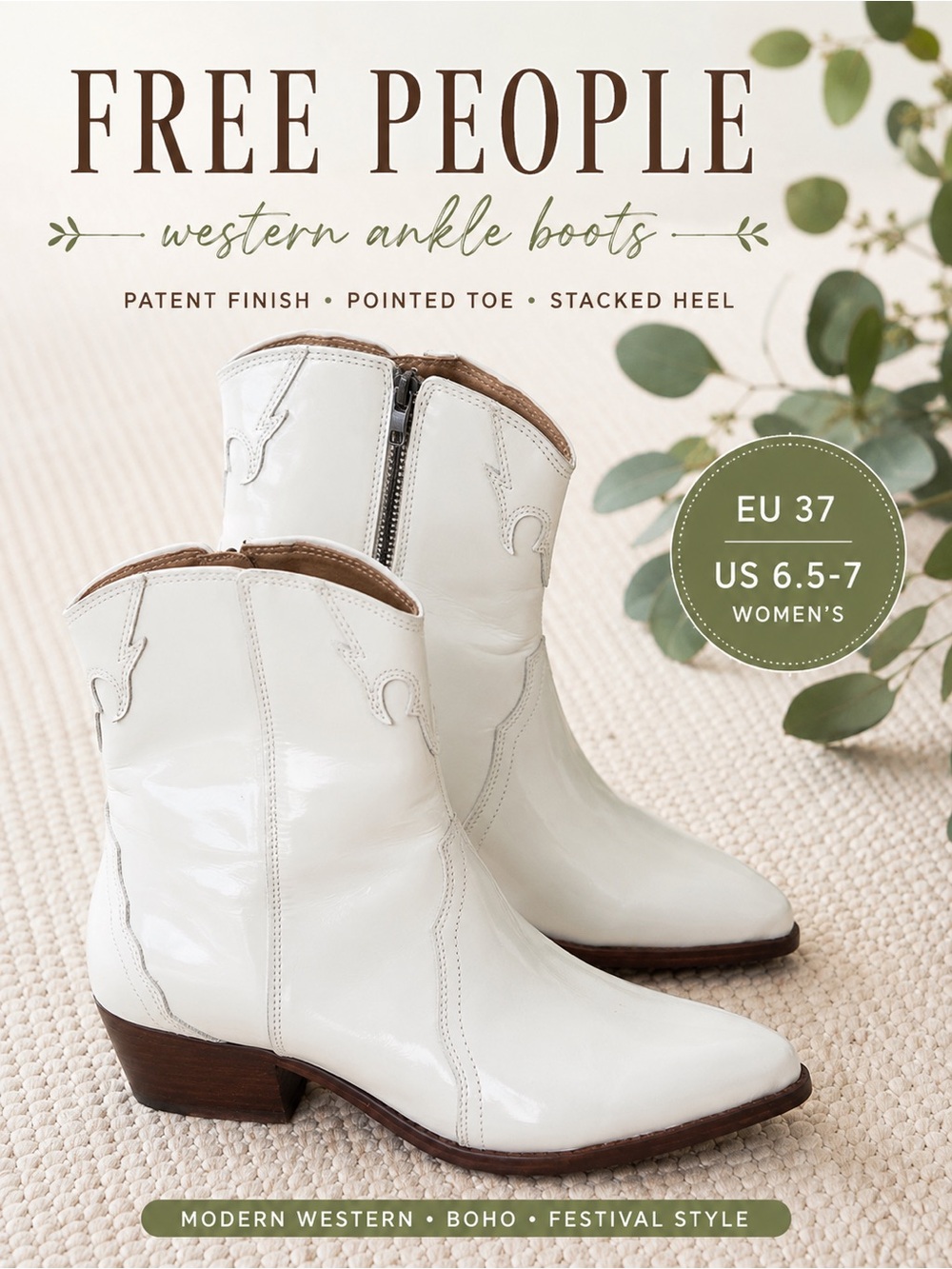 Free People White Patent Western Ankle Boots EU 37 US 6.5 7 Cowboy